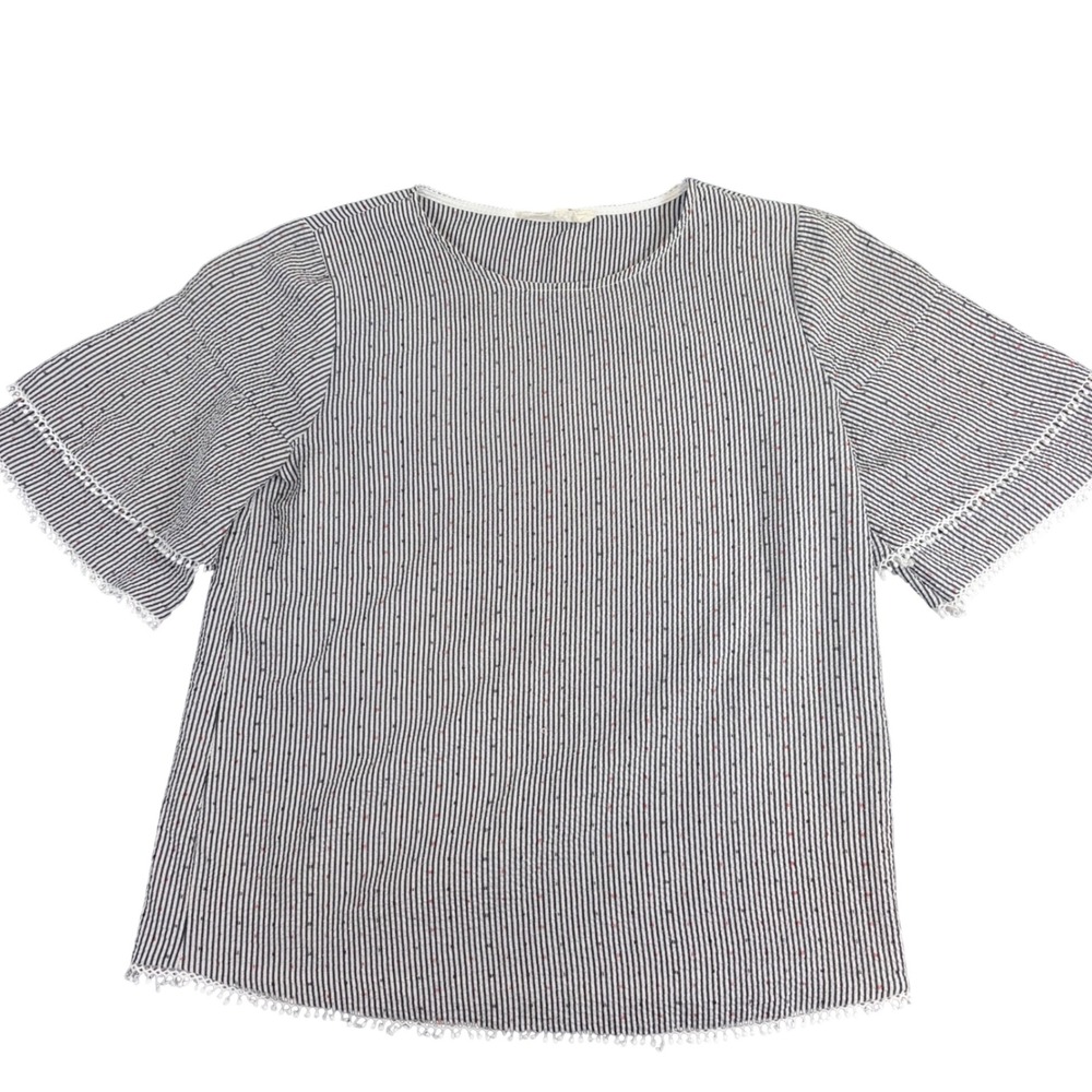 Jane and Janie Womens Striped Pom Pom‎ Trim Seersucker Blouse Black White Medium